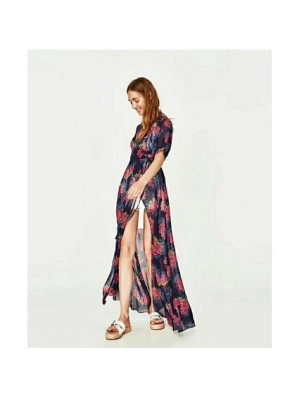 Zara Blue Maxi Wrap Dress Sheer Floral Chiffon V-Neck Short Flutter Sleeve S - Picture 3 of 15